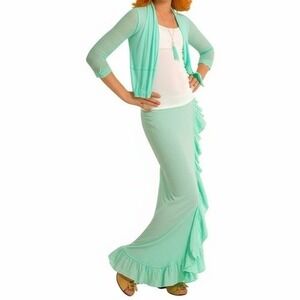 Amy Byer Girls M 10-12 Mint‎ Green Open Cardigan Ruffled Maxi Skirt Flowy 2PC